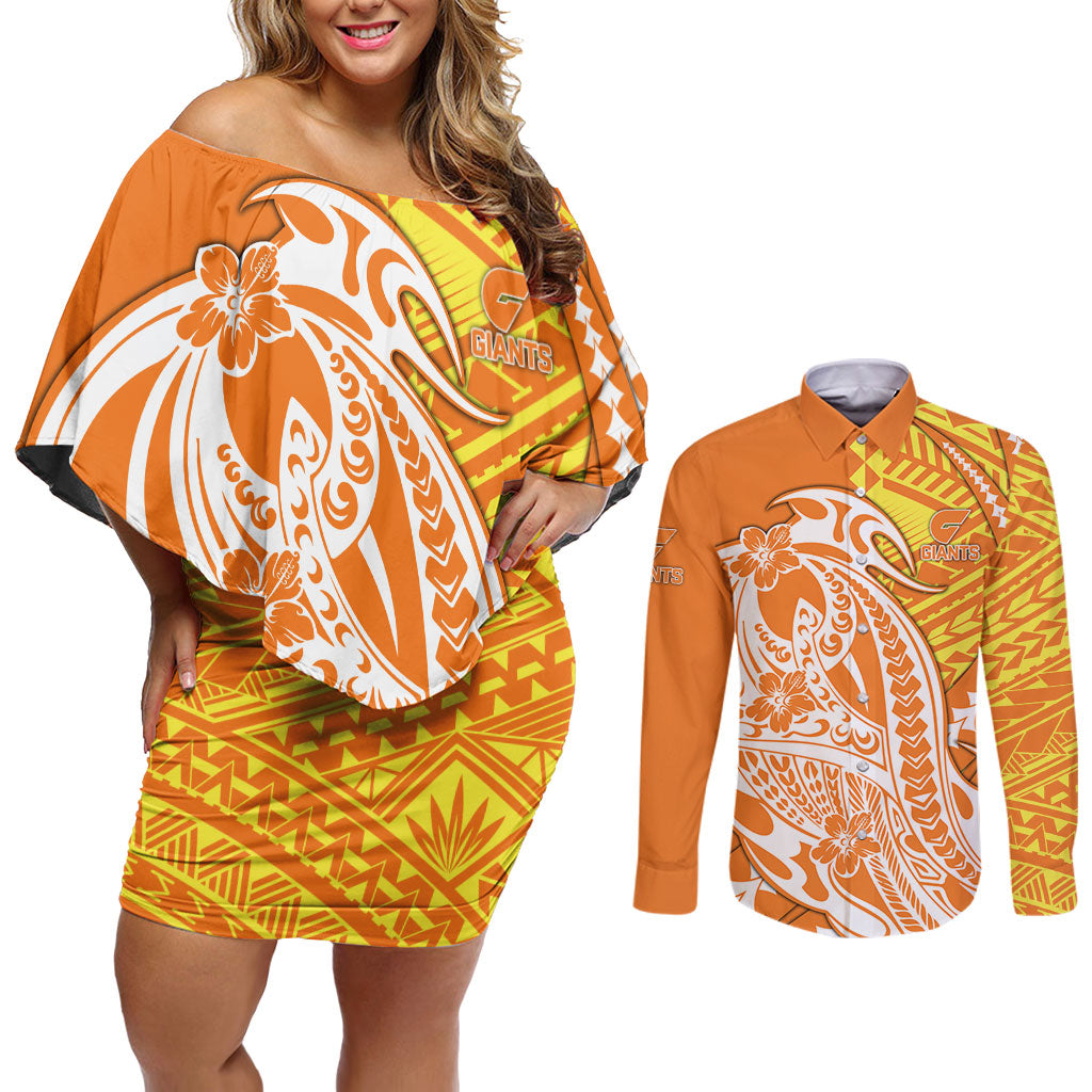 Personalized Greater Western Sydney Giants Couples Matching Off Shoulder Short Dress and Long Sleeve Button Shirt Polynesian Tribal Giant Mascot With Hibiscus Floral Art