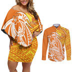 Personalized Greater Western Sydney Giants Couples Matching Off Shoulder Short Dress and Long Sleeve Button Shirt Polynesian Tribal Giant Mascot With Hibiscus Floral Art