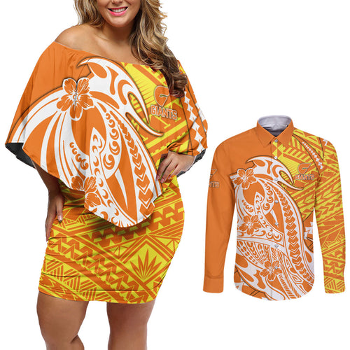 Personalized Greater Western Sydney Giants Couples Matching Off Shoulder Short Dress and Long Sleeve Button Shirt Polynesian Tribal Giant Mascot With Hibiscus Floral Art