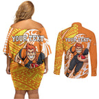 Personalized Greater Western Sydney Giants Couples Matching Off Shoulder Short Dress and Long Sleeve Button Shirt Polynesian Tribal Giant Mascot With Hibiscus Floral Art