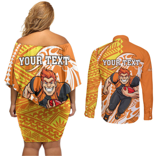 Personalized Greater Western Sydney Giants Couples Matching Off Shoulder Short Dress and Long Sleeve Button Shirt Polynesian Tribal Giant Mascot With Hibiscus Floral Art