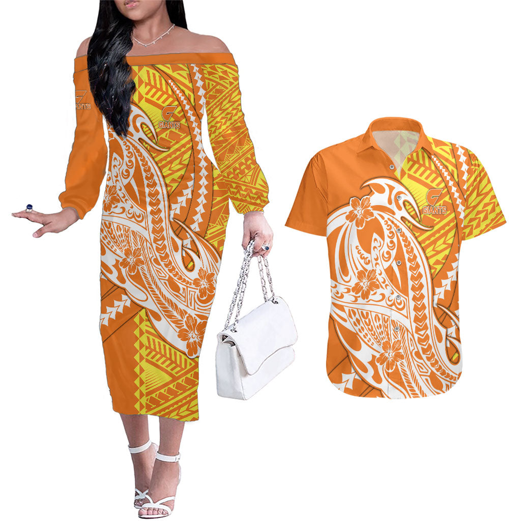 Personalized Greater Western Sydney Giants Couples Matching Off The Shoulder Long Sleeve Dress and Hawaiian Shirt Polynesian Tribal Giant Mascot With Hibiscus Floral Art