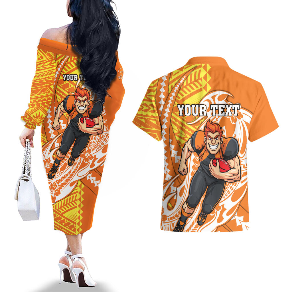 Personalized Greater Western Sydney Giants Couples Matching Off The Shoulder Long Sleeve Dress and Hawaiian Shirt Polynesian Tribal Giant Mascot With Hibiscus Floral Art