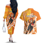Personalized Greater Western Sydney Giants Couples Matching Off The Shoulder Long Sleeve Dress and Hawaiian Shirt Polynesian Tribal Giant Mascot With Hibiscus Floral Art