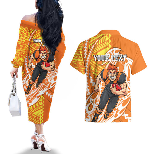Personalized Greater Western Sydney Giants Couples Matching Off The Shoulder Long Sleeve Dress and Hawaiian Shirt Polynesian Tribal Giant Mascot With Hibiscus Floral Art