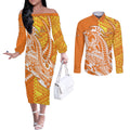 Personalized Greater Western Sydney Giants Couples Matching Off The Shoulder Long Sleeve Dress and Long Sleeve Button Shirt Polynesian Tribal Giant Mascot With Hibiscus Floral Art