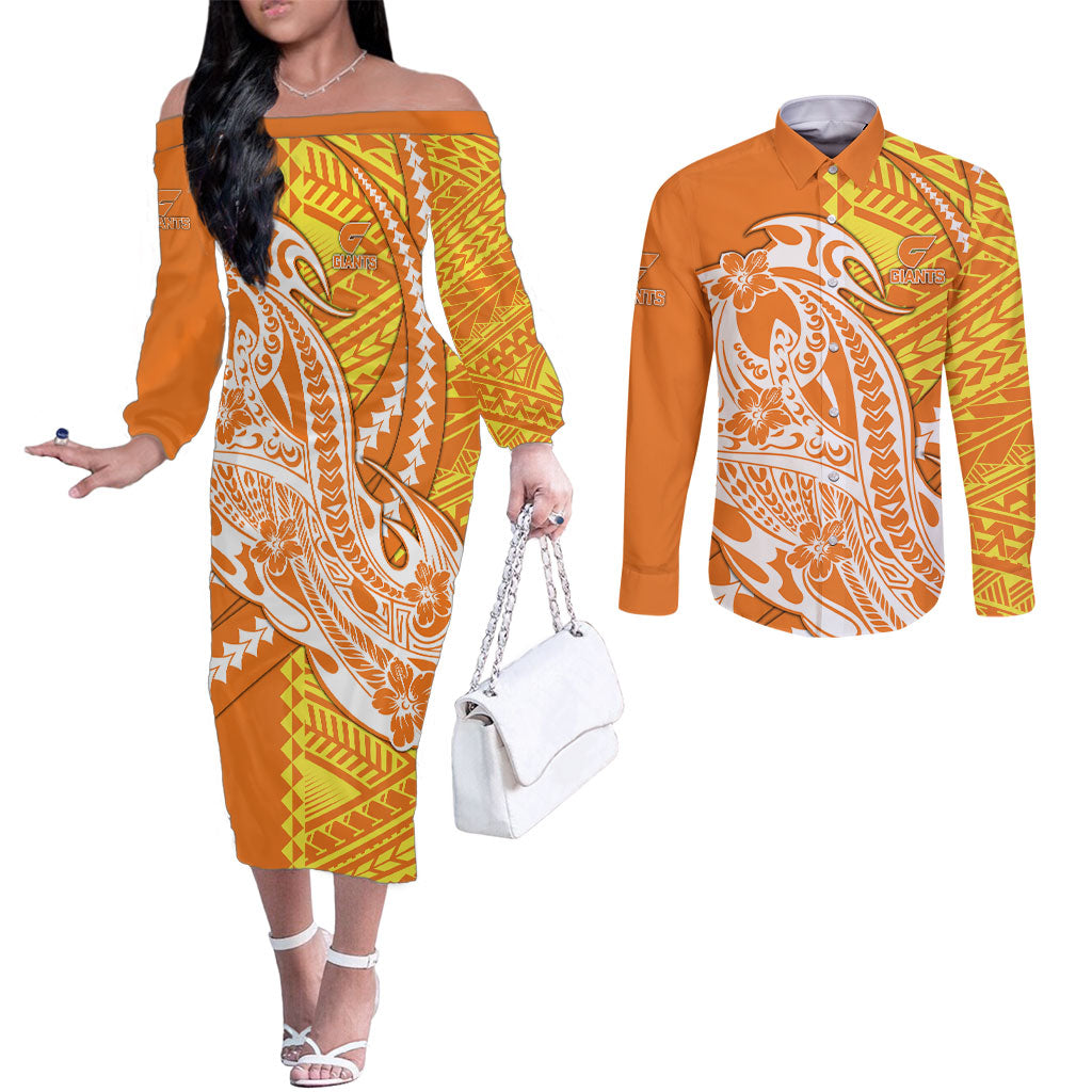 Personalized Greater Western Sydney Giants Couples Matching Off The Shoulder Long Sleeve Dress and Long Sleeve Button Shirt Polynesian Tribal Giant Mascot With Hibiscus Floral Art