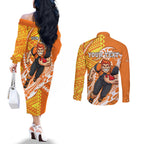 Personalized Greater Western Sydney Giants Couples Matching Off The Shoulder Long Sleeve Dress and Long Sleeve Button Shirt Polynesian Tribal Giant Mascot With Hibiscus Floral Art