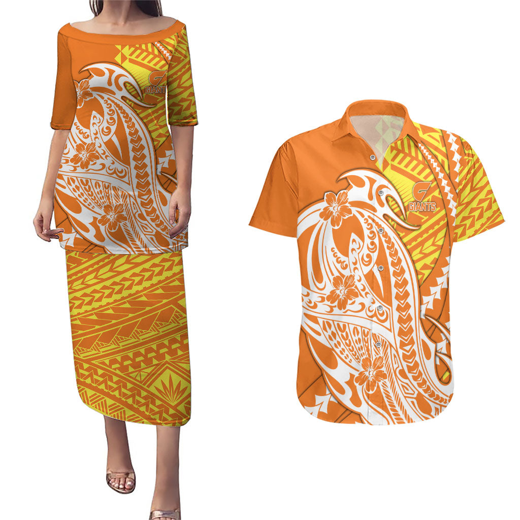 Personalized Greater Western Sydney Giants Couples Matching Puletasi and Hawaiian Shirt Polynesian Tribal Giant Mascot With Hibiscus Floral Art