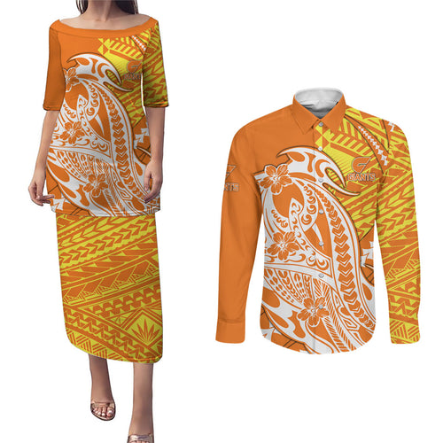 Personalized Greater Western Sydney Giants Couples Matching Puletasi and Long Sleeve Button Shirt Polynesian Tribal Giant Mascot With Hibiscus Floral Art