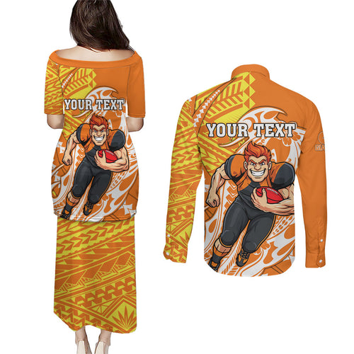 Personalized Greater Western Sydney Giants Couples Matching Puletasi and Long Sleeve Button Shirt Polynesian Tribal Giant Mascot With Hibiscus Floral Art