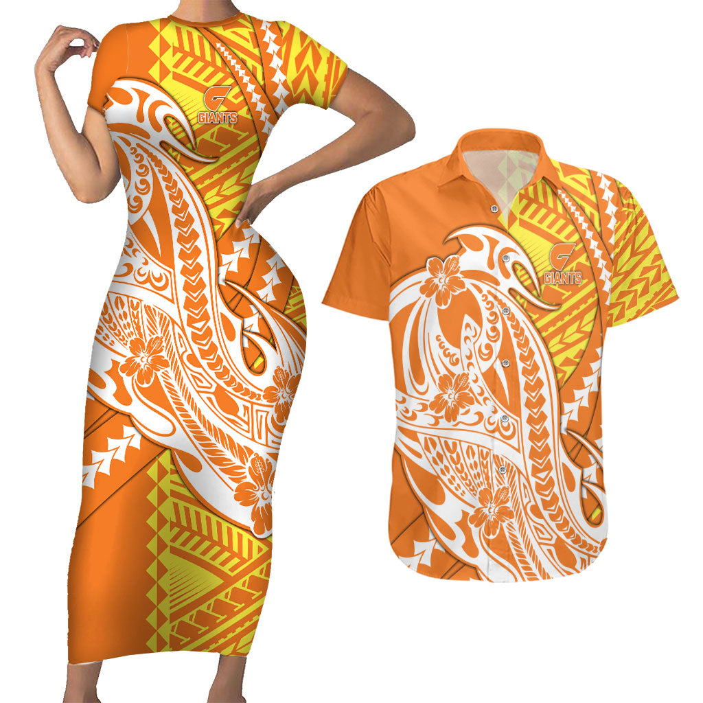 Personalized Greater Western Sydney Giants Couples Matching Short Sleeve Bodycon Dress and Hawaiian Shirt Polynesian Tribal Giant Mascot With Hibiscus Floral Art