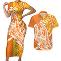 Personalized Greater Western Sydney Giants Couples Matching Short Sleeve Bodycon Dress and Hawaiian Shirt Polynesian Tribal Giant Mascot With Hibiscus Floral Art