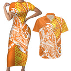Personalized Greater Western Sydney Giants Couples Matching Short Sleeve Bodycon Dress and Hawaiian Shirt Polynesian Tribal Giant Mascot With Hibiscus Floral Art