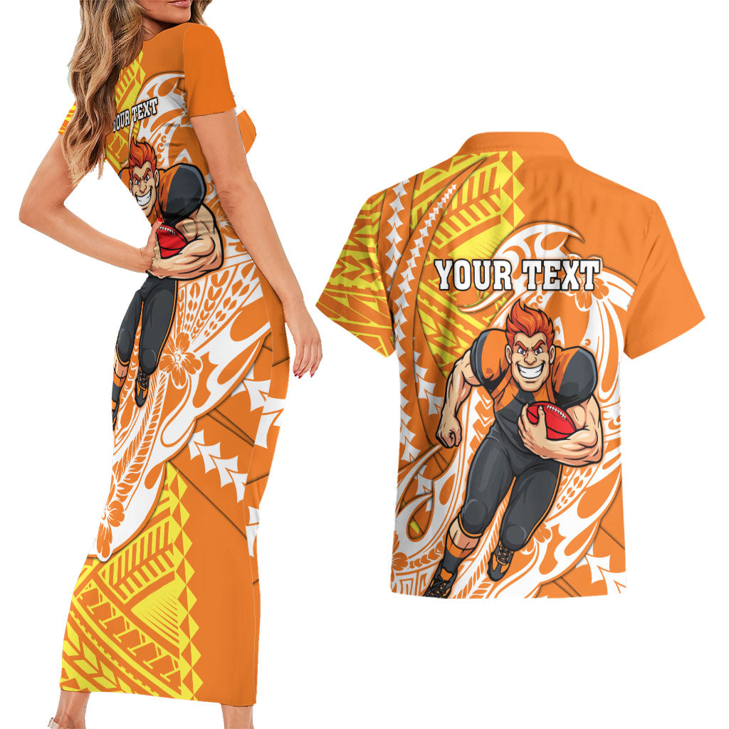 Personalized Greater Western Sydney Giants Couples Matching Short Sleeve Bodycon Dress and Hawaiian Shirt Polynesian Tribal Giant Mascot With Hibiscus Floral Art