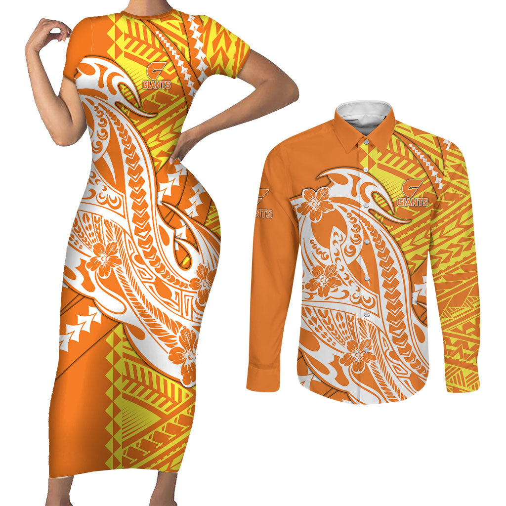 Personalized Greater Western Sydney Giants Couples Matching Short Sleeve Bodycon Dress and Long Sleeve Button Shirt Polynesian Tribal Giant Mascot With Hibiscus Floral Art