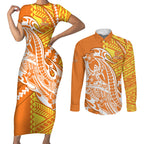 Personalized Greater Western Sydney Giants Couples Matching Short Sleeve Bodycon Dress and Long Sleeve Button Shirt Polynesian Tribal Giant Mascot With Hibiscus Floral Art
