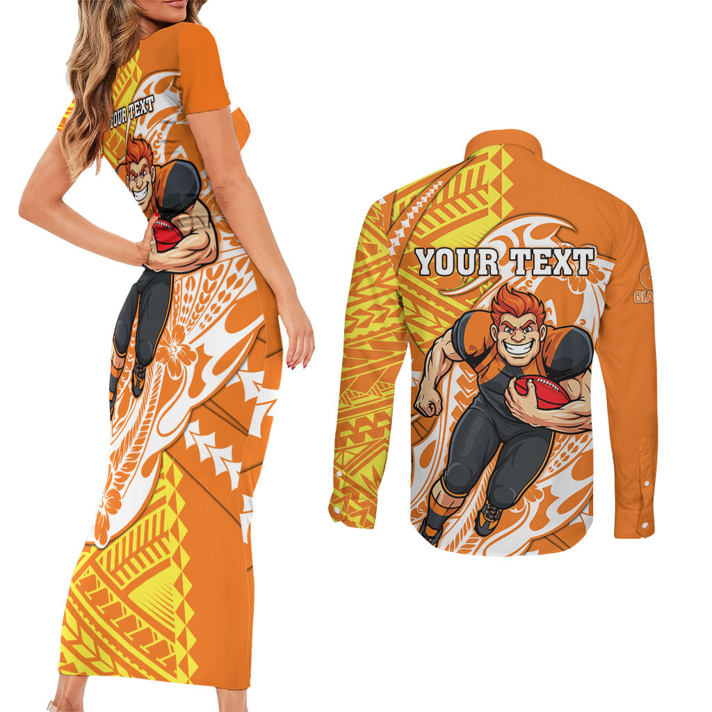 Personalized Greater Western Sydney Giants Couples Matching Short Sleeve Bodycon Dress and Long Sleeve Button Shirt Polynesian Tribal Giant Mascot With Hibiscus Floral Art