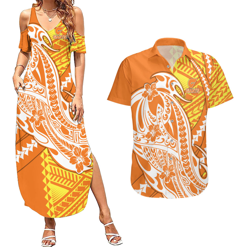 Personalized Greater Western Sydney Giants Couples Matching Summer Maxi Dress and Hawaiian Shirt Polynesian Tribal Giant Mascot With Hibiscus Floral Art