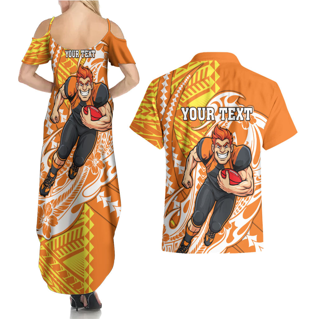 Personalized Greater Western Sydney Giants Couples Matching Summer Maxi Dress and Hawaiian Shirt Polynesian Tribal Giant Mascot With Hibiscus Floral Art