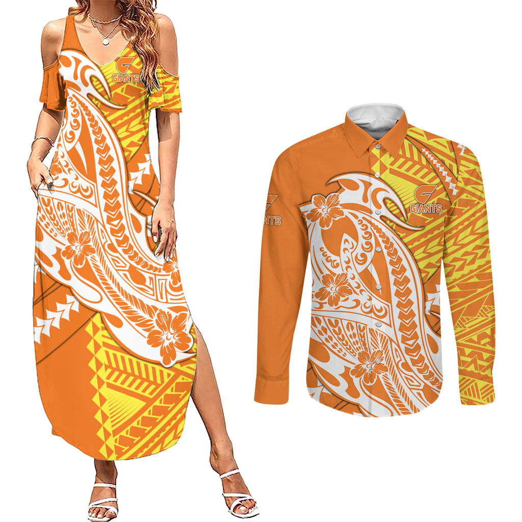 Personalized Greater Western Sydney Giants Couples Matching Summer Maxi Dress and Long Sleeve Button Shirt Polynesian Tribal Giant Mascot With Hibiscus Floral Art