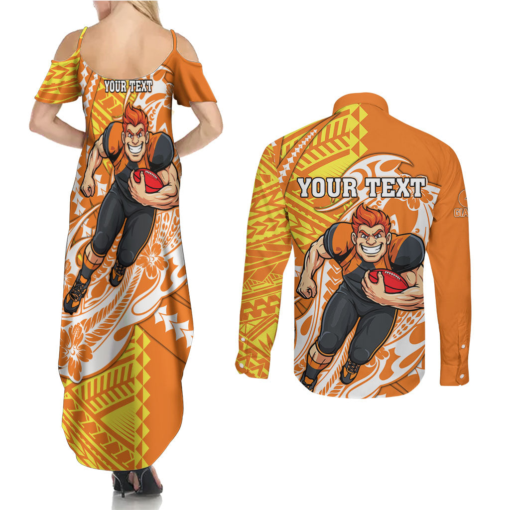 Personalized Greater Western Sydney Giants Couples Matching Summer Maxi Dress and Long Sleeve Button Shirt Polynesian Tribal Giant Mascot With Hibiscus Floral Art