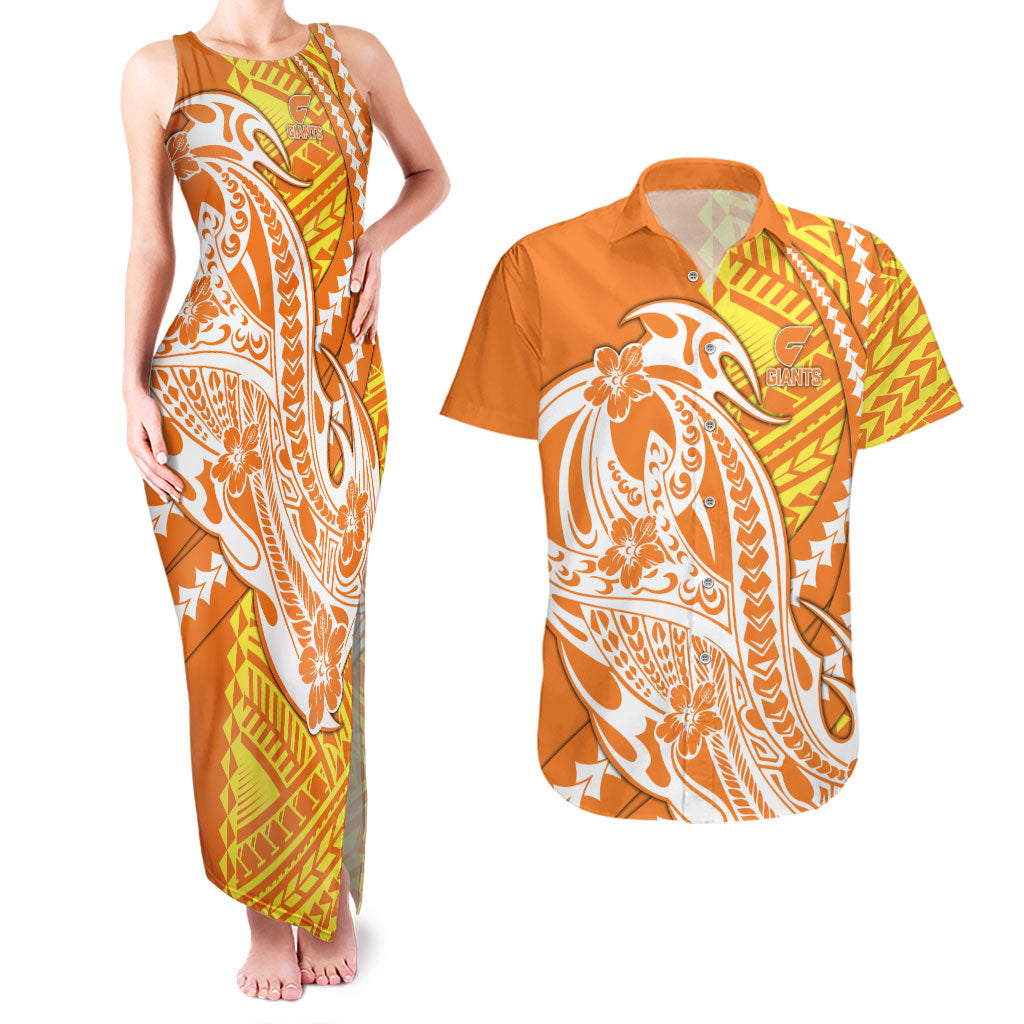 Personalized Greater Western Sydney Giants Couples Matching Tank Maxi Dress and Hawaiian Shirt Polynesian Tribal Giant Mascot With Hibiscus Floral Art