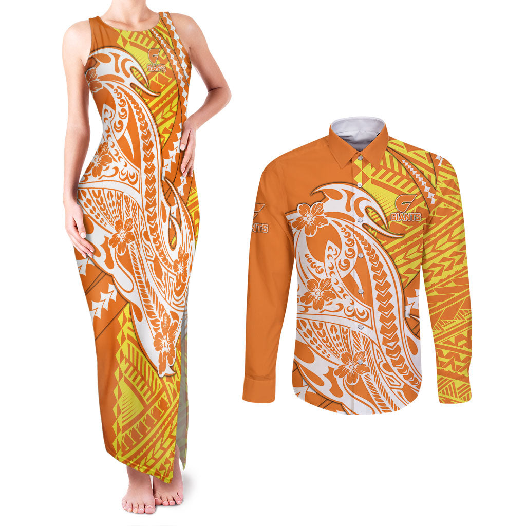 Personalized Greater Western Sydney Giants Couples Matching Tank Maxi Dress and Long Sleeve Button Shirt Polynesian Tribal Giant Mascot With Hibiscus Floral Art