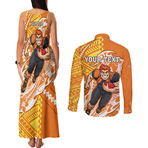 Personalized Greater Western Sydney Giants Couples Matching Tank Maxi Dress and Long Sleeve Button Shirt Polynesian Tribal Giant Mascot With Hibiscus Floral Art