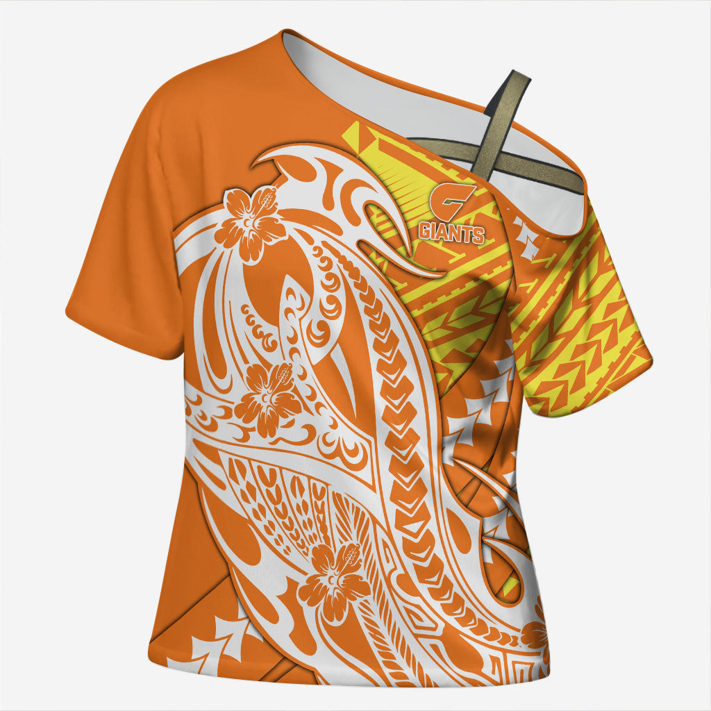 Personalized Greater Western Sydney Giants Cross Shoulder Shirt Polynesian Tribal Giant Mascot With Hibiscus Floral Art
