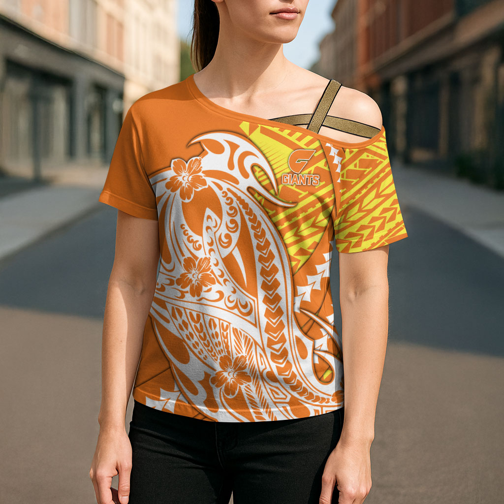 Personalized Greater Western Sydney Giants Cross Shoulder Shirt Polynesian Tribal Giant Mascot With Hibiscus Floral Art