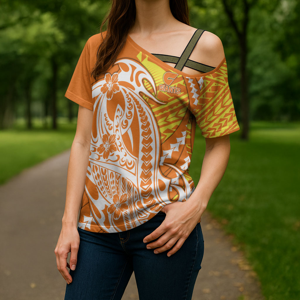 Personalized Greater Western Sydney Giants Cross Shoulder Shirt Polynesian Tribal Giant Mascot With Hibiscus Floral Art