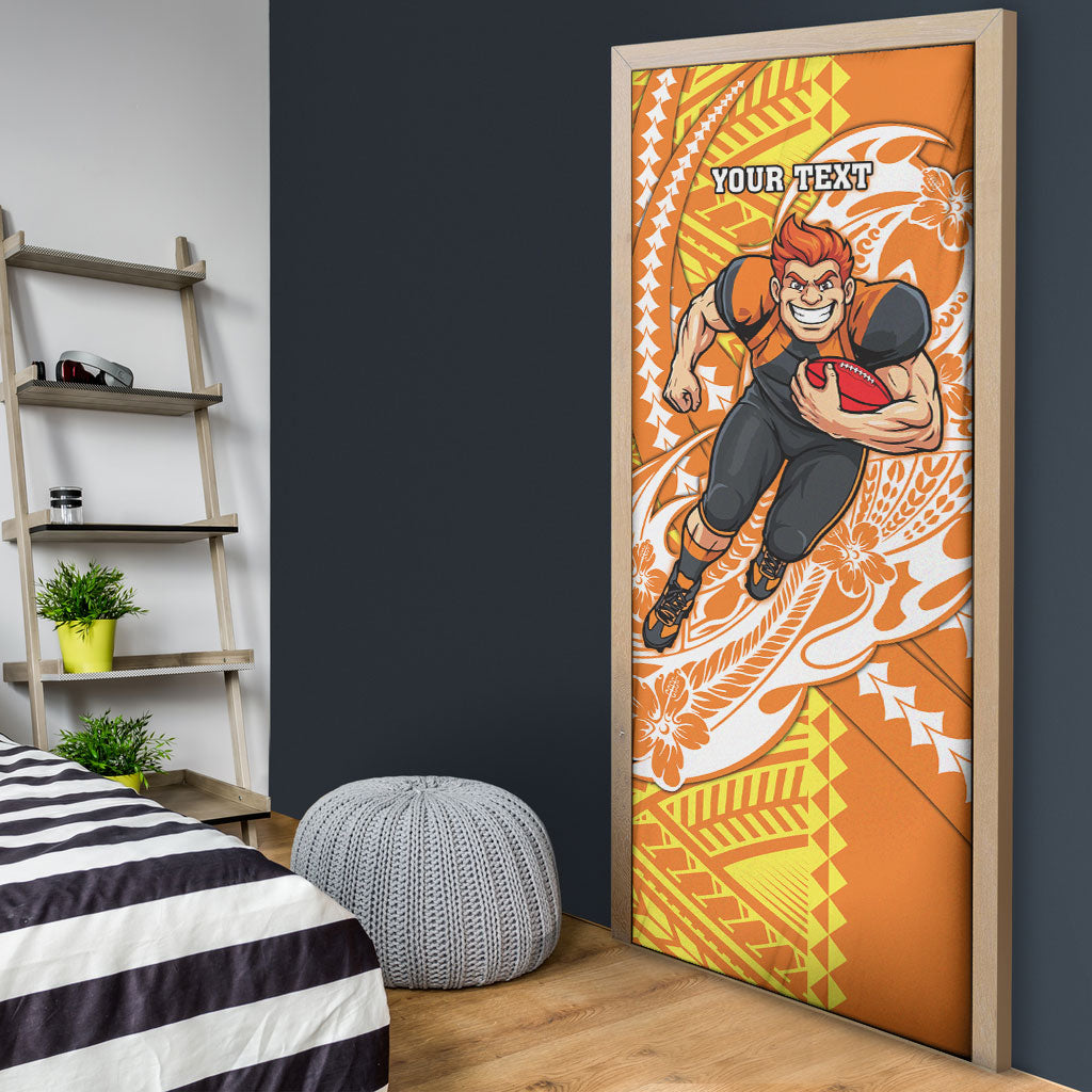 Personalized Greater Western Sydney Giants Door Cover Polynesian Tribal Giant Mascot With Hibiscus Floral Art