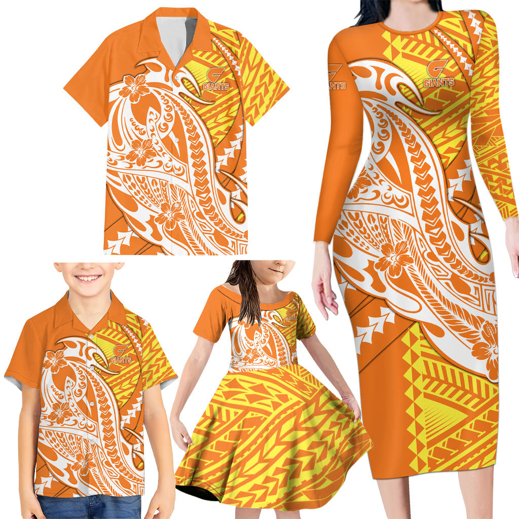 Personalized Greater Western Sydney Giants Family Matching Long Sleeve Bodycon Dress and Hawaiian Shirt Polynesian Tribal Giant Mascot With Hibiscus Floral Art