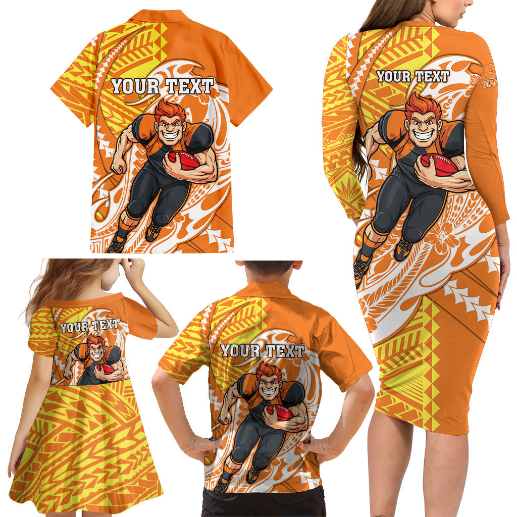 Personalized Greater Western Sydney Giants Family Matching Long Sleeve Bodycon Dress and Hawaiian Shirt Polynesian Tribal Giant Mascot With Hibiscus Floral Art