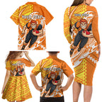 Personalized Greater Western Sydney Giants Family Matching Long Sleeve Bodycon Dress and Hawaiian Shirt Polynesian Tribal Giant Mascot With Hibiscus Floral Art