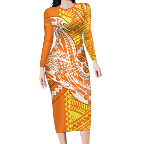 Personalized Greater Western Sydney Giants Family Matching Long Sleeve Bodycon Dress and Hawaiian Shirt Polynesian Tribal Giant Mascot With Hibiscus Floral Art