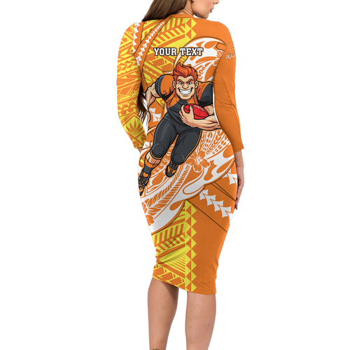 Personalized Greater Western Sydney Giants Family Matching Long Sleeve Bodycon Dress and Hawaiian Shirt Polynesian Tribal Giant Mascot With Hibiscus Floral Art