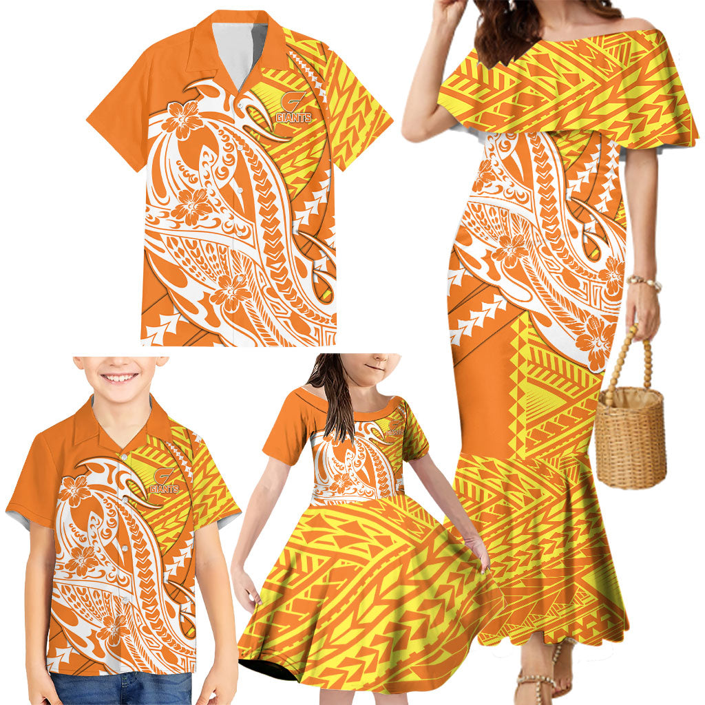 Personalized Greater Western Sydney Giants Family Matching Mermaid Dress and Hawaiian Shirt Polynesian Tribal Giant Mascot With Hibiscus Floral Art