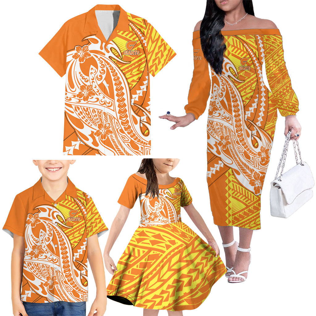Personalized Greater Western Sydney Giants Family Matching Off The Shoulder Long Sleeve Dress and Hawaiian Shirt Polynesian Tribal Giant Mascot With Hibiscus Floral Art