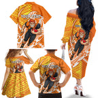 Personalized Greater Western Sydney Giants Family Matching Off The Shoulder Long Sleeve Dress and Hawaiian Shirt Polynesian Tribal Giant Mascot With Hibiscus Floral Art