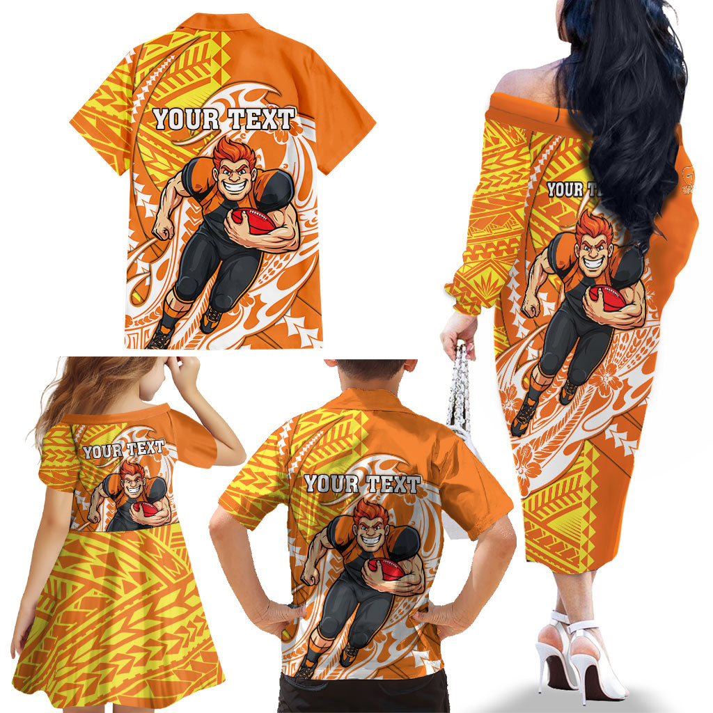 Personalized Greater Western Sydney Giants Family Matching Off The Shoulder Long Sleeve Dress and Hawaiian Shirt Polynesian Tribal Giant Mascot With Hibiscus Floral Art