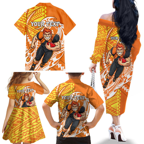 Personalized Greater Western Sydney Giants Family Matching Off The Shoulder Long Sleeve Dress and Hawaiian Shirt Polynesian Tribal Giant Mascot With Hibiscus Floral Art