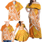 Personalized Greater Western Sydney Giants Family Matching Off Shoulder Maxi Dress and Hawaiian Shirt Polynesian Tribal Giant Mascot With Hibiscus Floral Art
