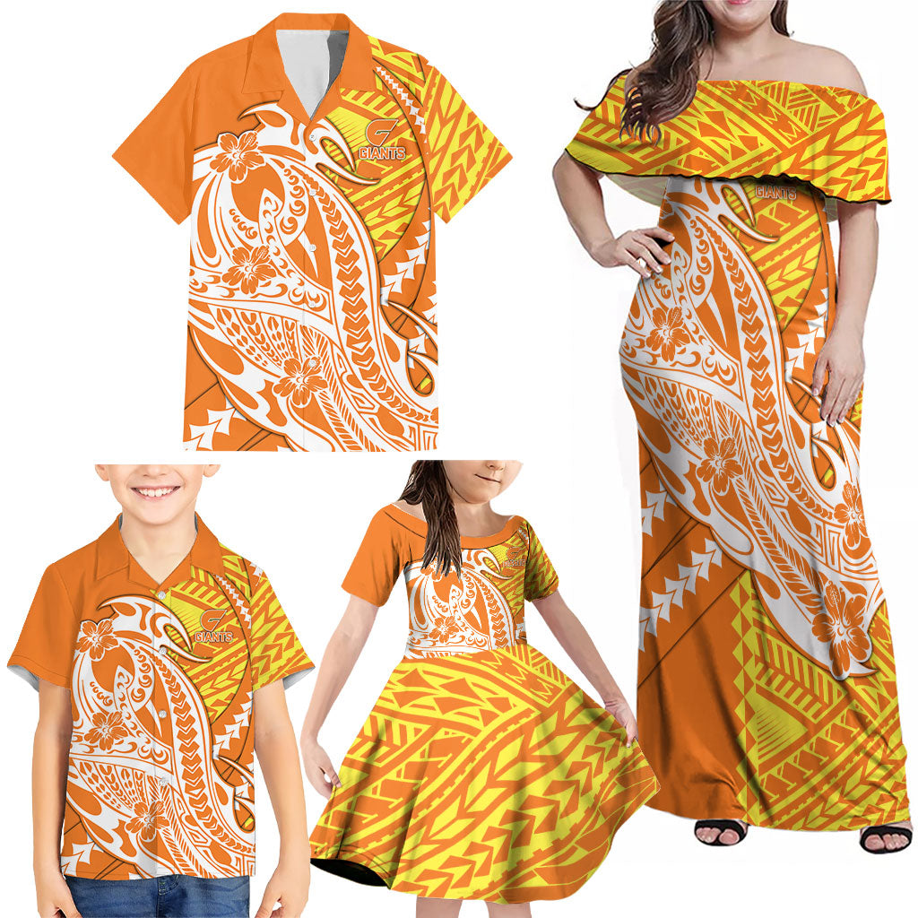 Personalized Greater Western Sydney Giants Family Matching Off Shoulder Maxi Dress and Hawaiian Shirt Polynesian Tribal Giant Mascot With Hibiscus Floral Art