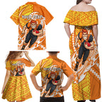Personalized Greater Western Sydney Giants Family Matching Off Shoulder Maxi Dress and Hawaiian Shirt Polynesian Tribal Giant Mascot With Hibiscus Floral Art