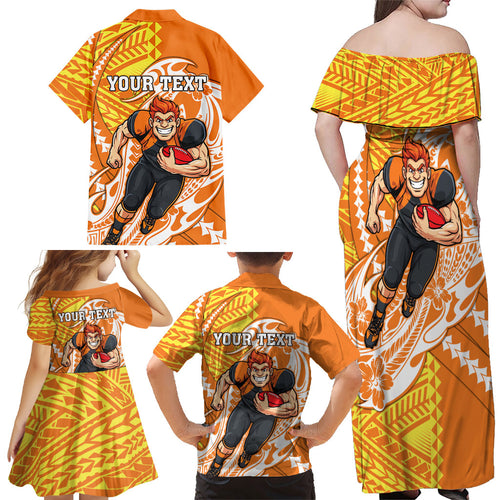 Personalized Greater Western Sydney Giants Family Matching Off Shoulder Maxi Dress and Hawaiian Shirt Polynesian Tribal Giant Mascot With Hibiscus Floral Art