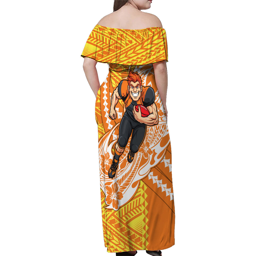 Personalized Greater Western Sydney Giants Family Matching Off Shoulder Maxi Dress and Hawaiian Shirt Polynesian Tribal Giant Mascot With Hibiscus Floral Art