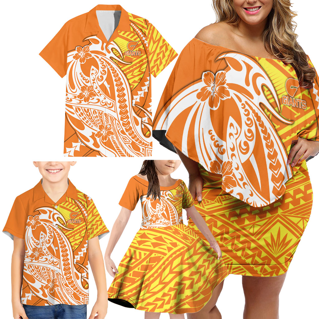 Personalized Greater Western Sydney Giants Family Matching Off Shoulder Short Dress and Hawaiian Shirt Polynesian Tribal Giant Mascot With Hibiscus Floral Art
