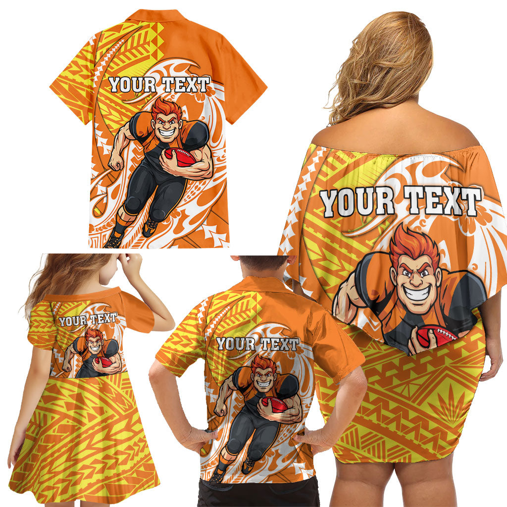 Personalized Greater Western Sydney Giants Family Matching Off Shoulder Short Dress and Hawaiian Shirt Polynesian Tribal Giant Mascot With Hibiscus Floral Art